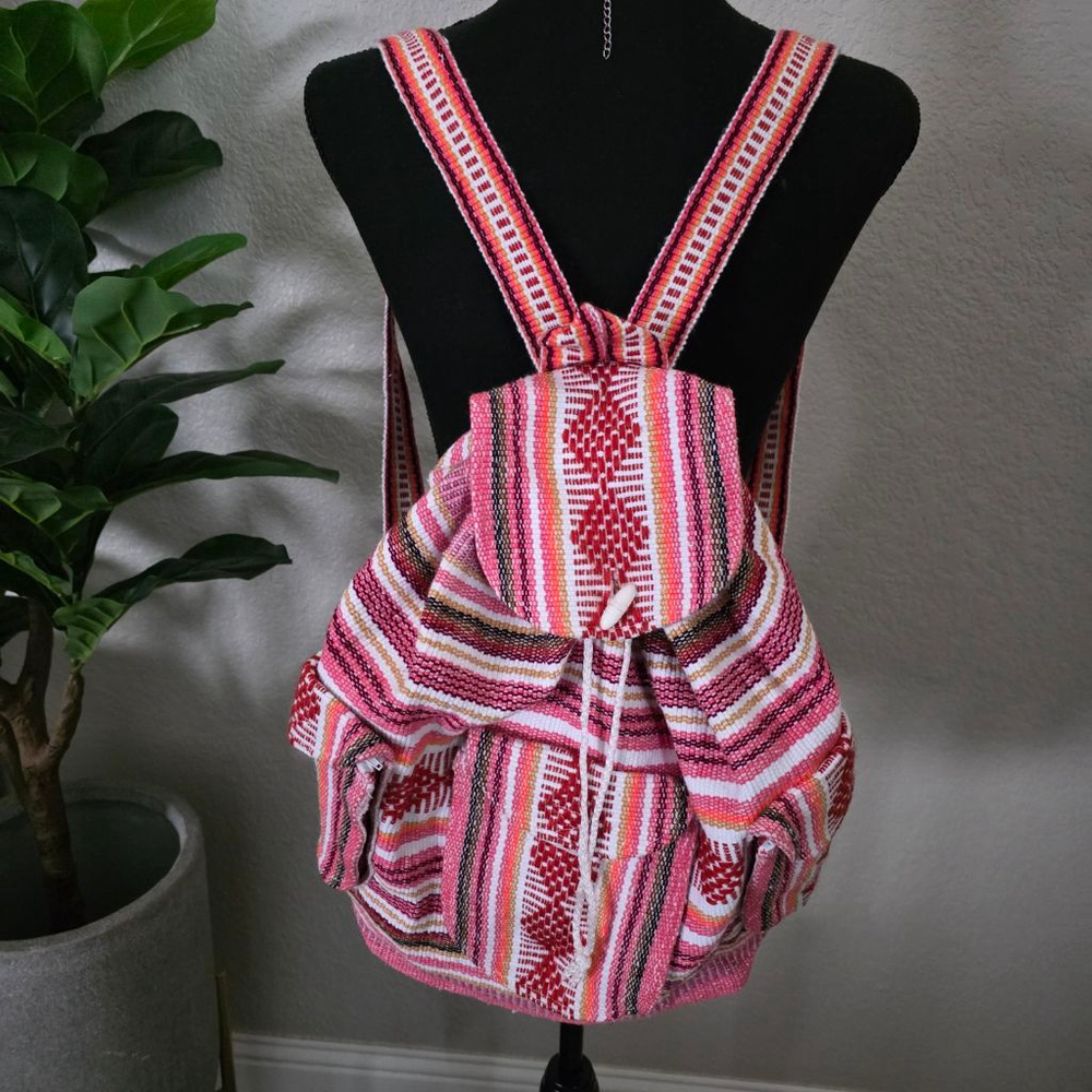 PINZON Woven Backpack Boho Hippie Pink/Red/White/Tan‎ Size Large